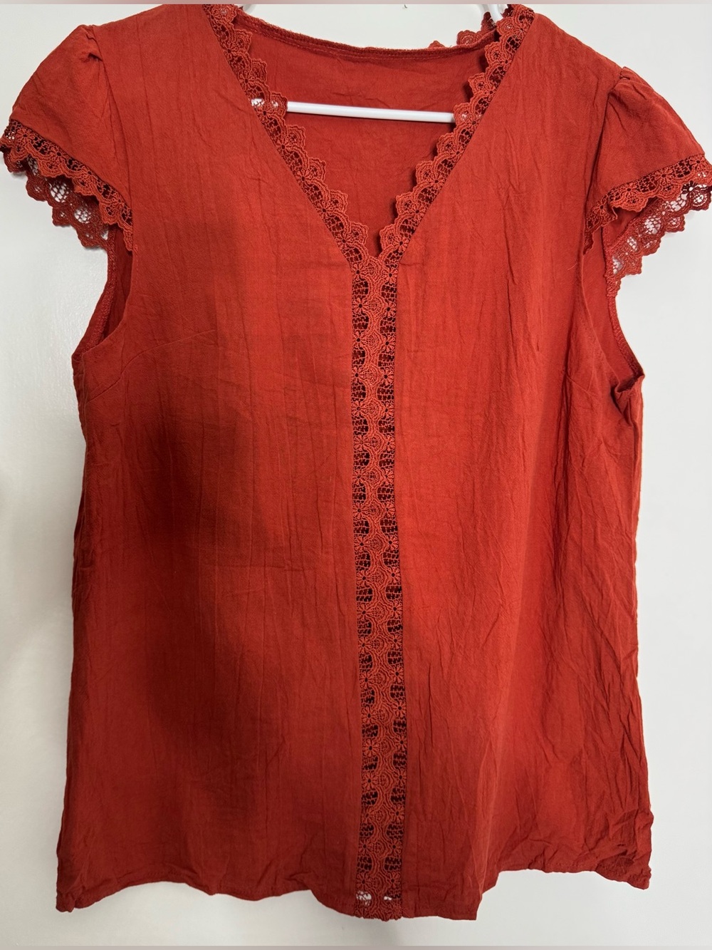 SHEIN Rust Crochet-Trim V-Neck Cap-Sleeve Top size xl eyelit fall